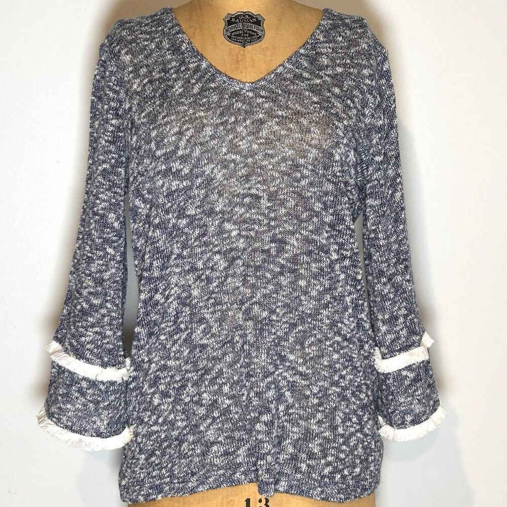 Sara Campbell Sheer Open Knit Tunic Boho Fringe Bell Sleeve Blue L